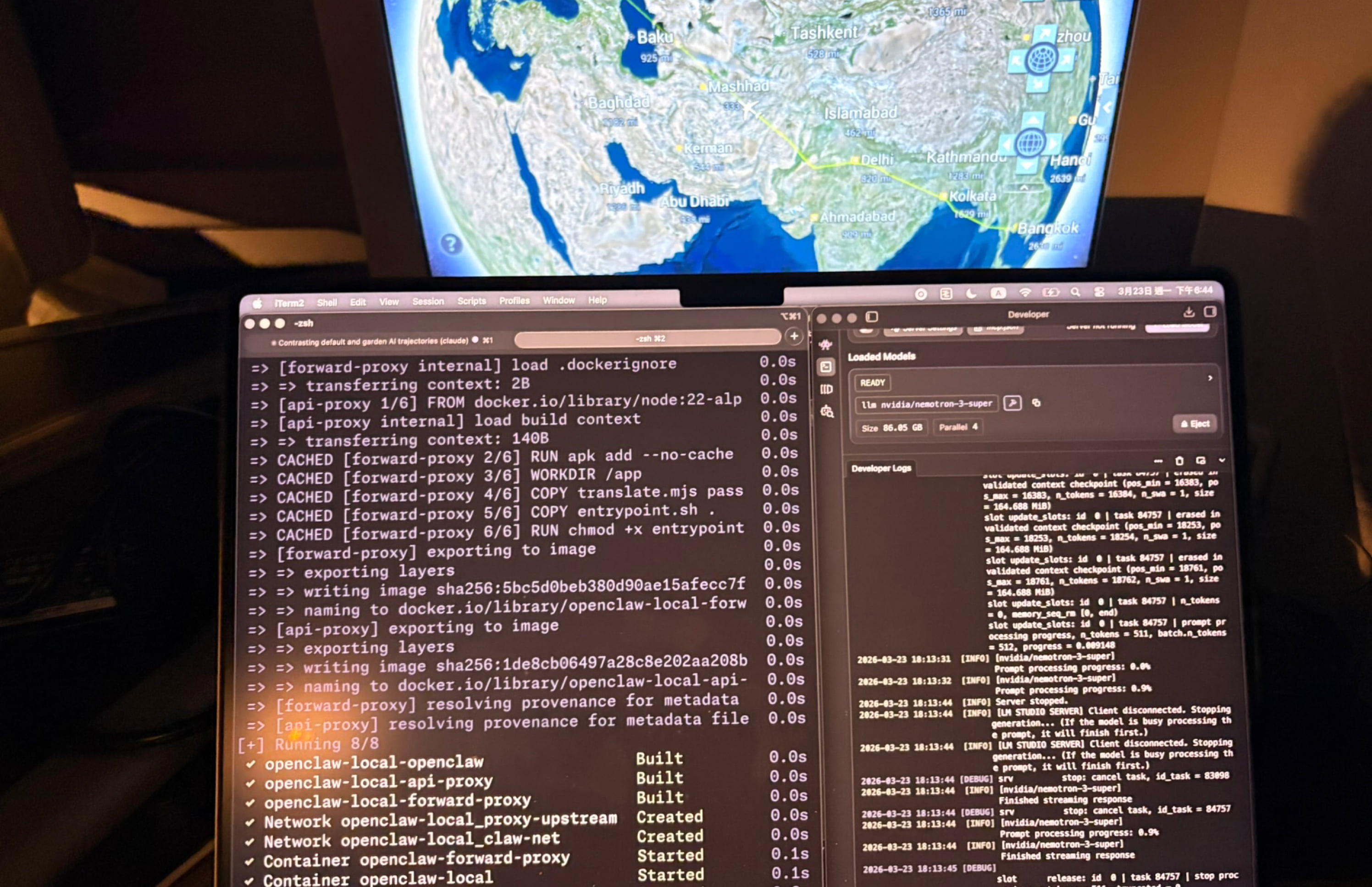 Laptop on airplane tray table running local OpenClaw AI containers, flight map visible on seatback screen