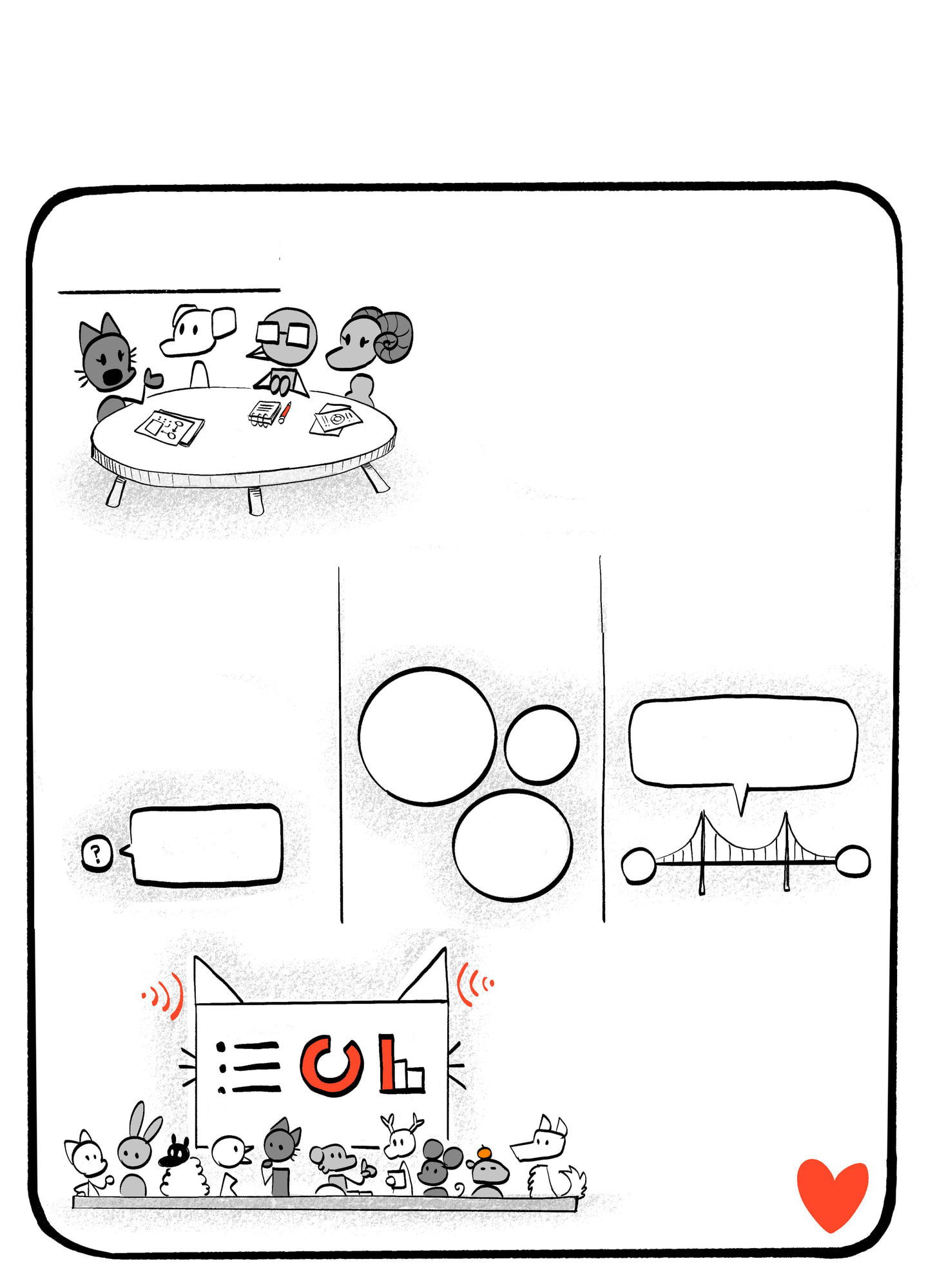 Hand-lettered comic page headed 'NOT: only the powerful and popular, BUT: voices from every community — SOLUTION': diverse animal-headed citizens sit round a table as a citizens' assembly, with notes explaining that the Polis platform has no 'share' or 'reply' button and lets people vote Agree / Disagree / Unsure to surface the ideas that best bridge divides, so technology enhances rather than replaces our voice; a crowd of small figures and a large hand-drawn heart sit below.