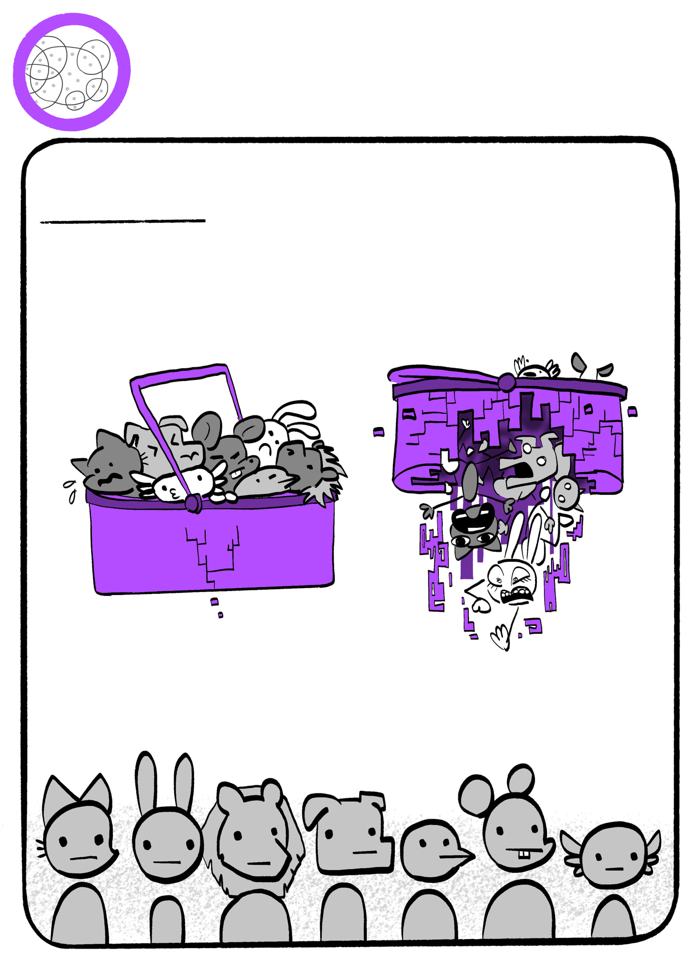 Hand-lettered comic page headed 'SYMBIOSIS — PROBLEM' reading 'Don't put all your society in one basket': cartoon animals are packed into a single purple basket that then breaks apart, illustrating how routing modern culture, news and politics through a handful of multinational platforms creates a single point of failure — and how, even when those platforms do not fail, a bland one-size-fits-all 'success' flattens the thick middle layer of churches, local communities and the like; a row of grey figures stands below.