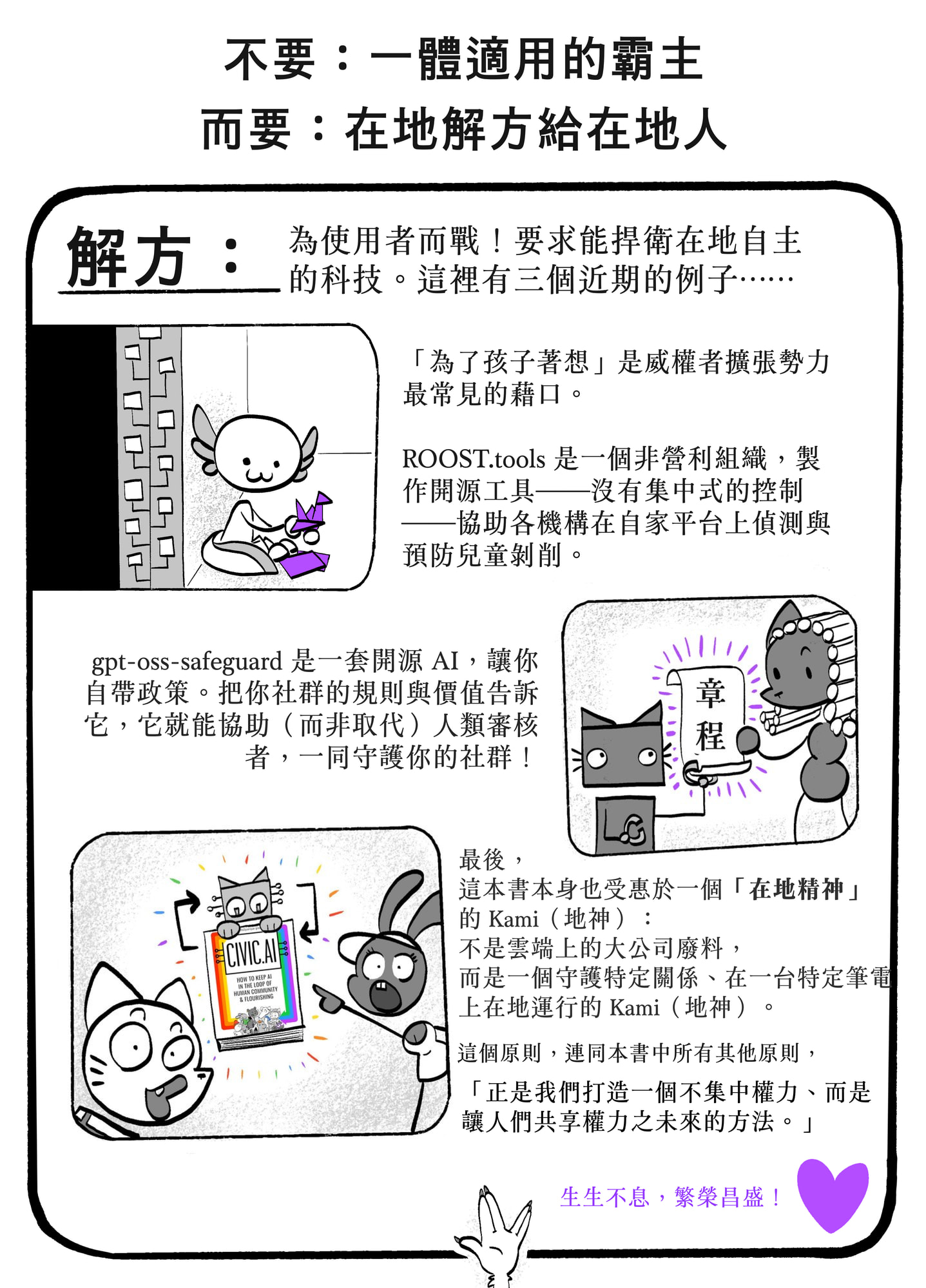 手繪漫畫頁，標題為「不要：一體適用的霸主／而要：在地解方給在地人——SOLUTION」，呼籲「為使用者而戰」，並舉三個近期例子——非營利組織 ROOST.tools 製作沒有集中控制的開源工具，協助偵測與預防兒童剝削；開源的 gpt-oss-safeguard 讓社群自帶政策，協助而非取代人類審核者；以及這本書本身，由一個守護特定關係、在一台特定筆電上在地運行的「地方之靈」Kami（地神）所輔助——結語說分享權力而非集中權力，正是我們打造未來的方法。
